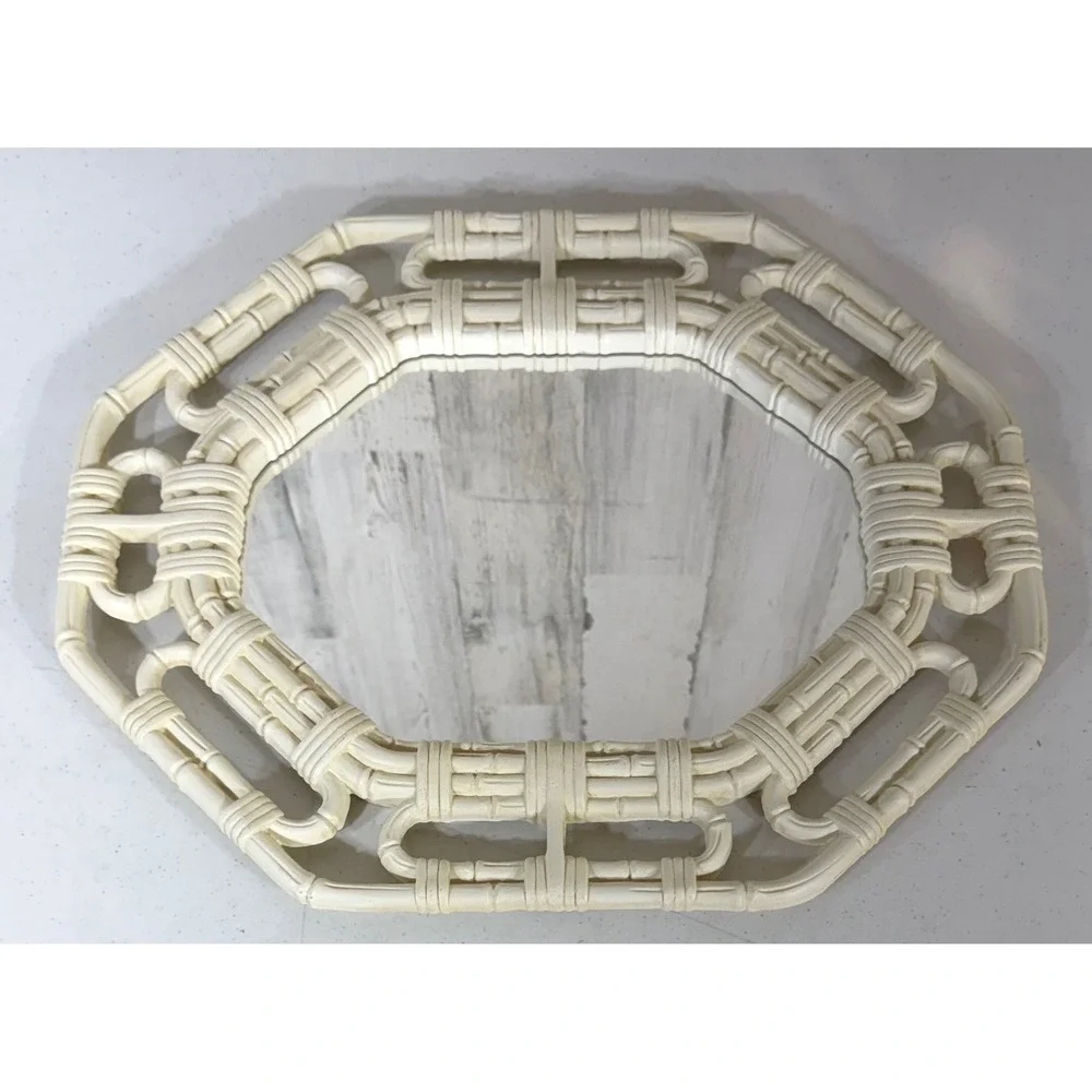 Homco Wall Mirror 17x14 Cream Faux Bamboo Octagon Vintage 1983 USA Boho Cottage